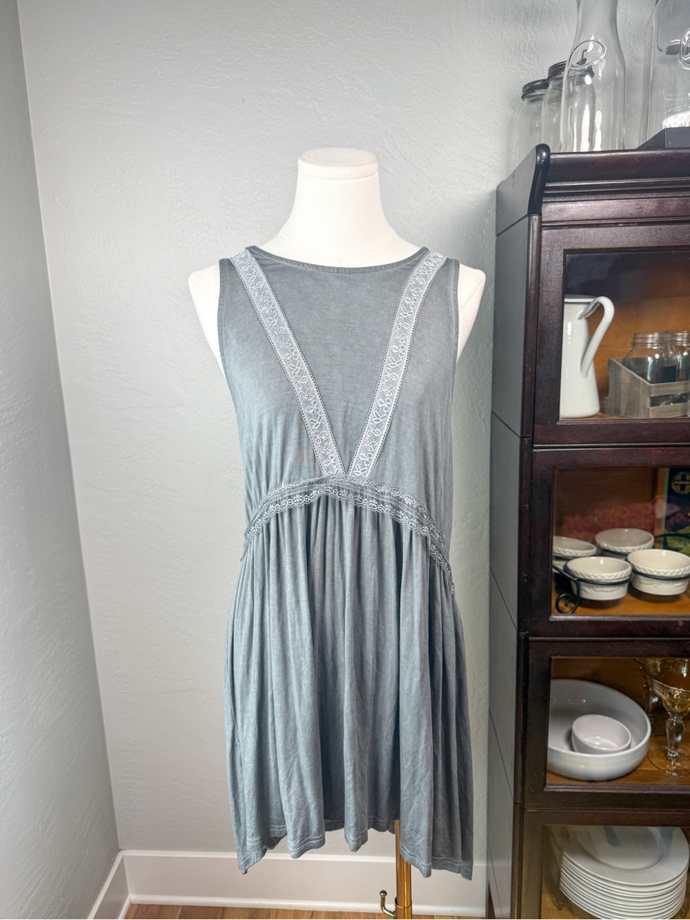 POL Gray Lace Up Open Back Laced Babydoll Boho Mini Dress Size L